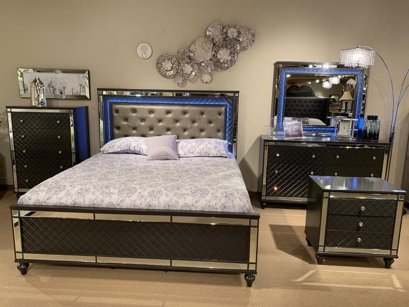 Refino Gray LED Upholstered Panel Bedroom Set
