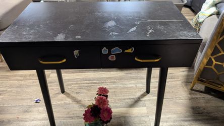 Black Desk with Gold Handles and Two Drawers