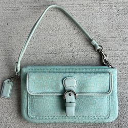 Coach Signature Wristlet Light Aqua Blue Mini Bag with Front Buckle Pocket