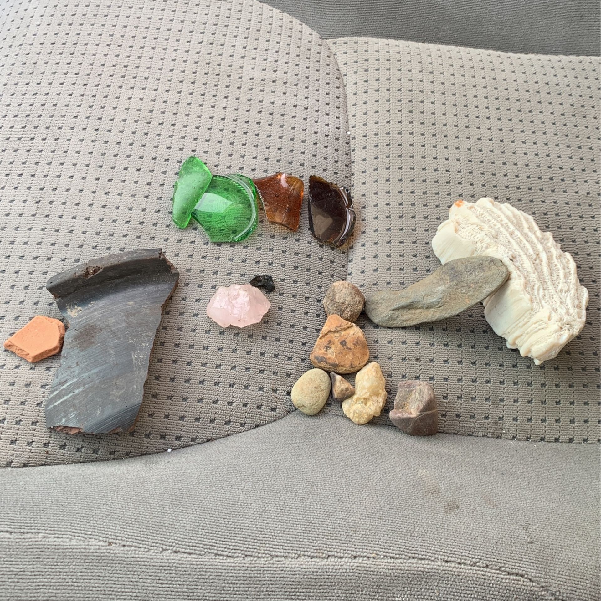 Chrystal’s, Washed Up Glass, Coral, And Just Neat Rocks, Old Old Pottery Remnants.
