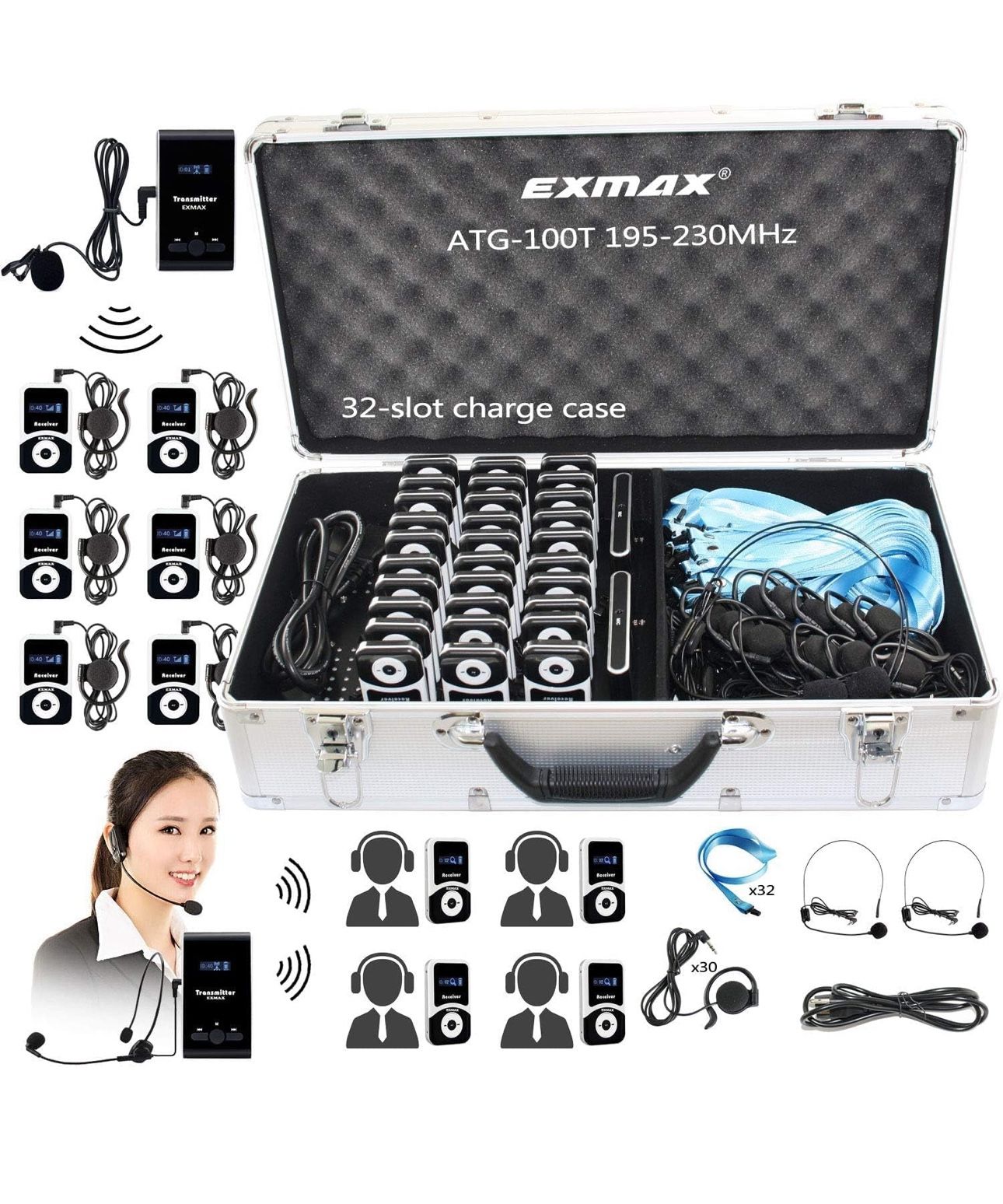 EXMAX® ATG-100T 195MHz Wireless Tour Guide Monitoring Voice Audio Transmission System+Aluminium Charging Case for Teaching Tour Guides Church Translat