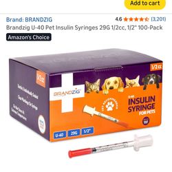 Brandzig U-40 Pet Insulin Syringes 29G 1/2cc, 1/2" 100-Pack