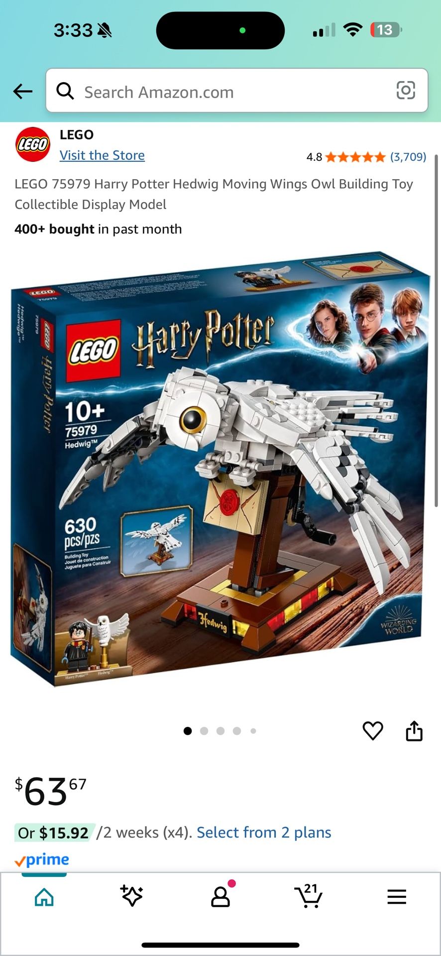LEGO 75979 Harry Potter Hedwig Moving Wings Owl Building Toy Collectible Display Model