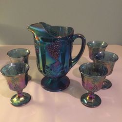 Carnival Glass Pitcher with 5 Goblet Glasses, Blue Grapes Design