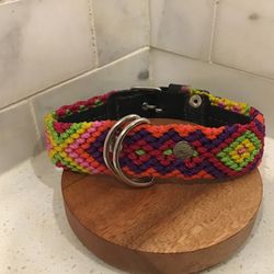 Handmade 14” Dog Collar – Bright Rainbow Weave on Dark Leather