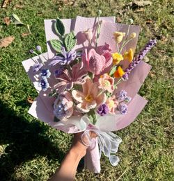 Crochet pink peony and tulips bouquet