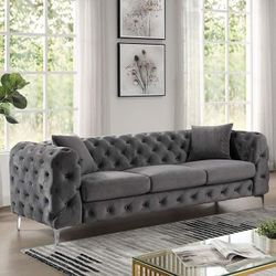 GLAM DARK GRAY FLANNELETTE TUFTED SOFA COUCH - SILLON