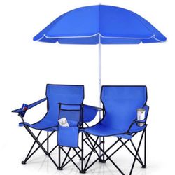 Portable Folding Picnic Double Chair With Umbrella And Carry Bag