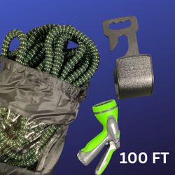100-foot expandable garden hose featuring 10 different spray functions and made from extra-strength fabric