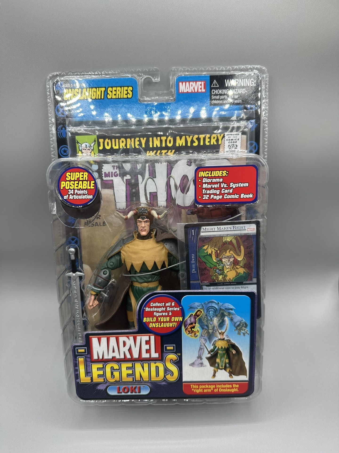 The ToyBiz 2006 Marvel Legends Loki Variant action figure comes with a rare Onslaught Series BAF piece, adding to its collectible value. This original
