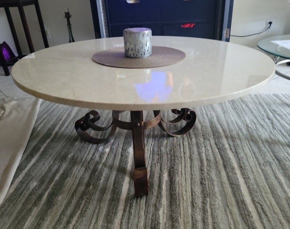 Round Genuine Marble Coffee Table With Copper Metal Base
