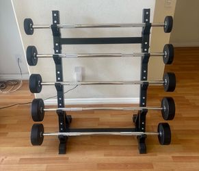 NEW 20-60 lbs Straight Barbell Set w/ 5 Tier Rack, Home Gym Equipment Weights Dumbbell
