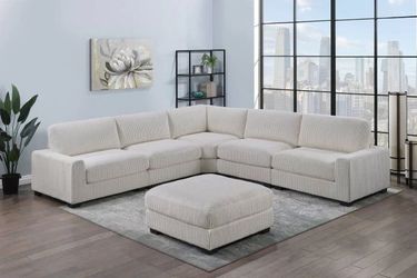 Brand new gray/biege/black corduroy U sectional + ottoman