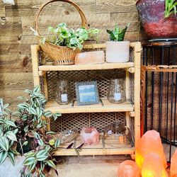 Boho Wicker Woven Plant Stand Bookshelf 3 Shelf Lightweight Fold Up