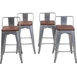 24 Inch Bar Stools Set of 4 Industrial Metal Barstools Counter Height Bar Stool with Backs for Home Kitchen (24 inch, Silver)