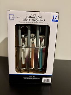 Brand new! Mainstays 17 Piece Aura Flatware Set with Storage Rack Multicolor