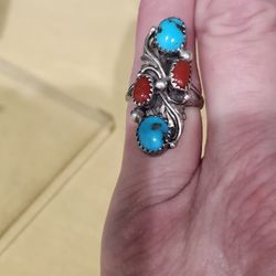 Navajo Vintage Turquoise And Coral Ring