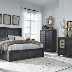Black/Brown-7Pc.Dresser-Mirror-Queen Panel Storage Bed, 2 Nightstands
