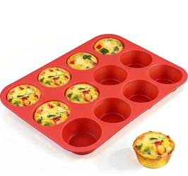 CAKETIME 12 Cups Silicone Regular Size Muffin Cupcake Pan - Nonstick; Red