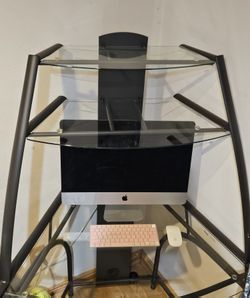 Cirner Computer Writing Desk Table Tempered Glass Top Home Office Book Shelves Display Storage 