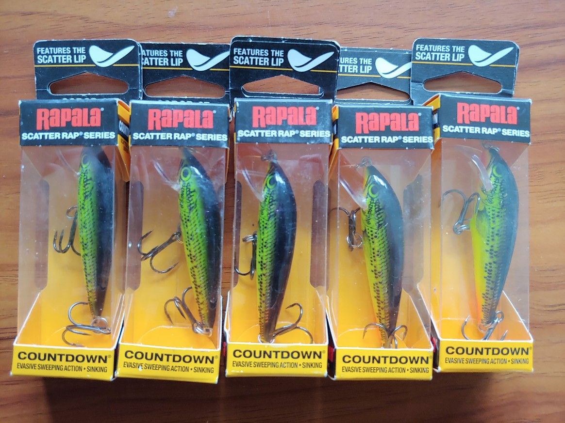 5 Packs RAPALA SCATTER RAP COUNTDOWN LURES - FIRE MINNOW - SCRCD07 FMN - Fishing Lures - NOS - Discontinued