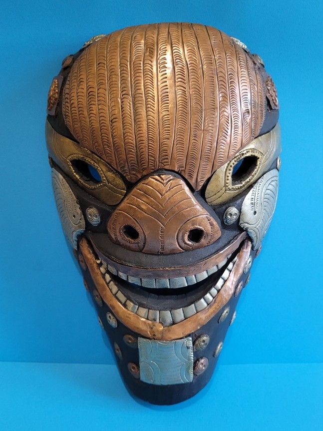 Rare Wooden Face Mask with copper brass lining from Nepal, authentic vintage by dZi Foundation.