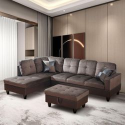 dark brown leatherette sectional couches family living space footstool bundle furniture for sales near me