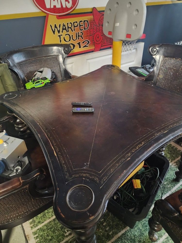 Vintage Dark Wood Card Table W/ 4 Chairs