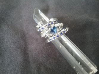 Ladies ring, 3pc. Sterling silver with blue sapphire, by serendipity. Size 9