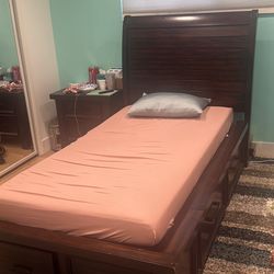 $300 obo – wooden brown twin bed with four drawers