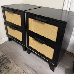 Set of 2 Black Rattan Style, 2-Drawer Nightstands