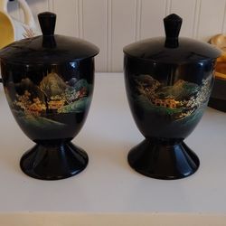 Vintage Hand Painted Lacquer Cups with Lids .
