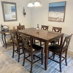 Beautiful Counter Height Dining Room Set With 6 Cushioned Chairs
