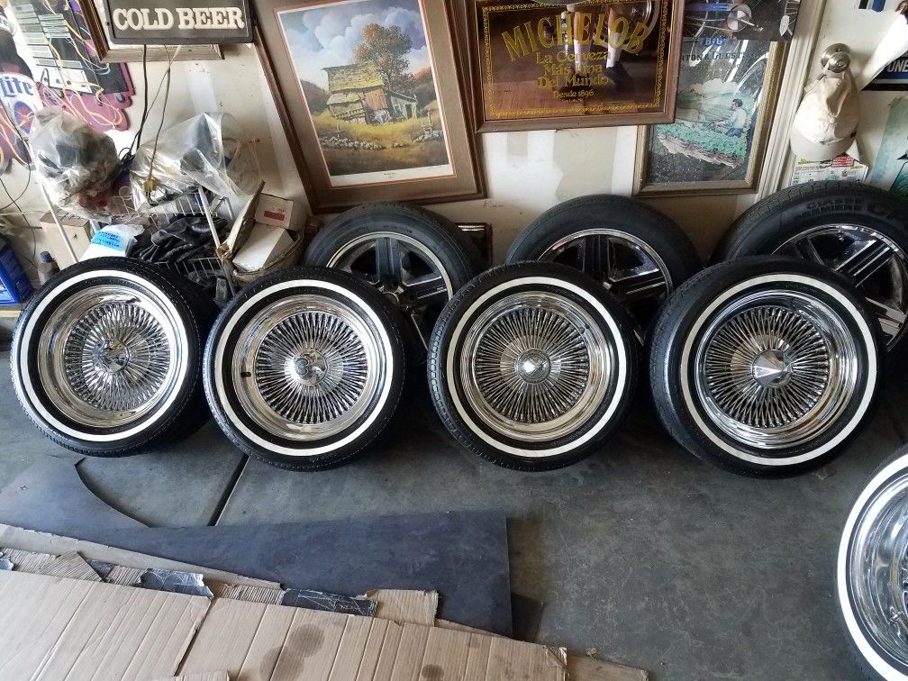 15x7 wire 100 spoke lowrider white wall tires 3 wing knockoffs Daytons chips or trade 13x7