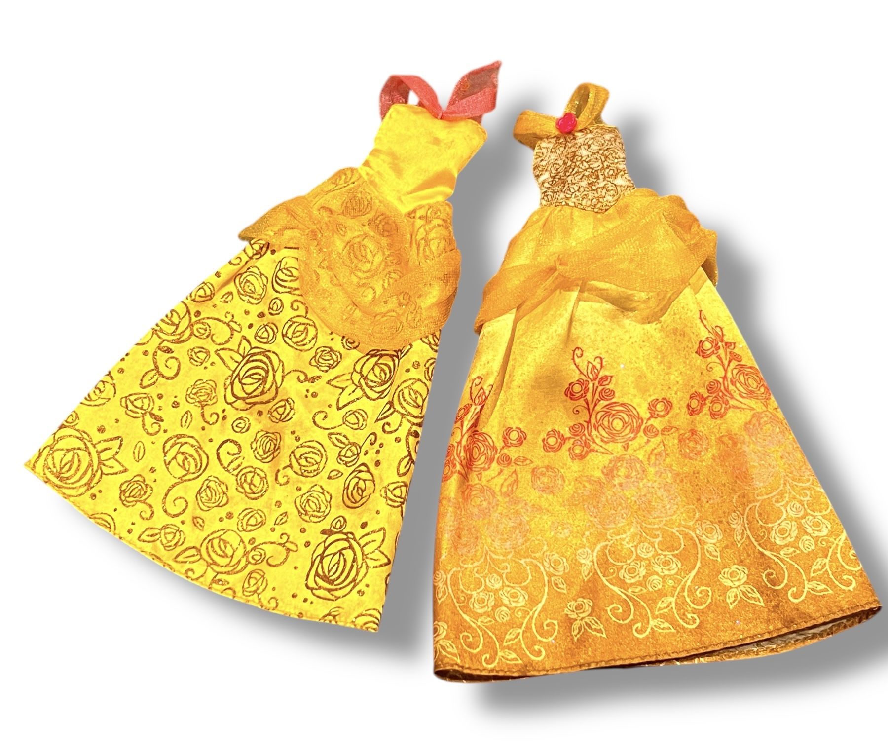 TWO Mattel Barbie Doll DISNEY Belle PRINCESS Replacement Yellow Dresses Gown
