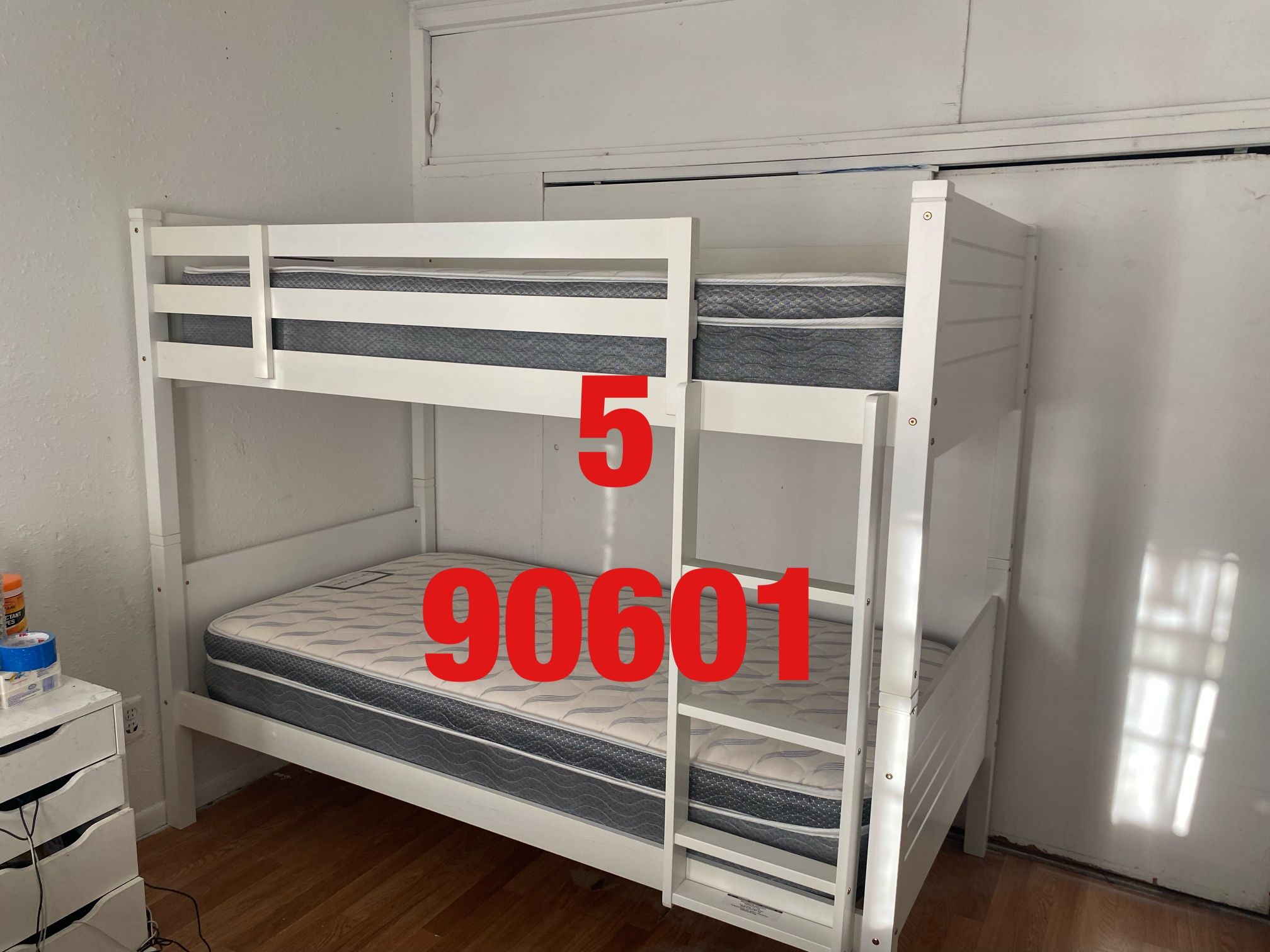  Twin over twin espresso or white Bunk Bed. Comes in boxes and requires assembly. Assembly not included. Comes with tool and instructions. Free delive