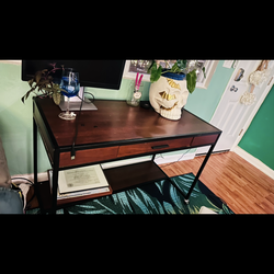 Mid-Century Modern Wood & Metal Writing Desk with Drawer + Lower Shelf