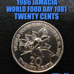 1986 PRETTY JAMACIA WORLD FOOD BANK 20 CENT COMMERATIVE AU LIKE AS SHOWN !