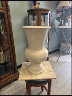 Vintage 21” Solid Stone Urn Vase/lamp base- 70 lbs Neoclassical Travertine / Marble