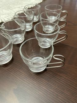 Set of 8 Glass Espresso Tea Cups with Metal Handles and Bases