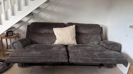 Gray Fabric Recliner Sofa with Nailhead Trim