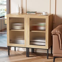 Glass Door Cabinet - 2-in-1 Buffet With Storage, 32 Inch Farmhouse Console Table, Metal Base Sideboard Coffee Bar for Kitchen, Dining Room, Living Roo