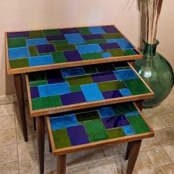Vintage Mcm George Briard mosaic glass wood nesting tables💎