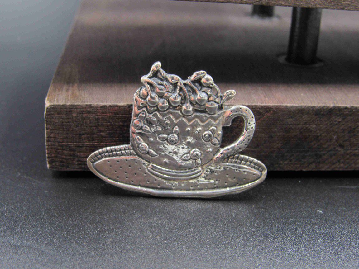 Sterling Silver Cup Of Fruit On A Plate Pin Brooch