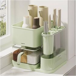 3 in 1 Spice Organizer Rack,Kitchen Utensils Storage Holder with Drain Tray, Seasoning Countertop Storage Shelf Holder, Multi-Function Rack for Knife,