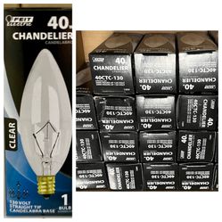New Feit Electric 40W chandelier bulbs, candelabra base, 130V, clear finish, 40CTC-130 pack of 25. 10 boxes of 25, 1 box of 17, 269 bulbs total. $1 pe