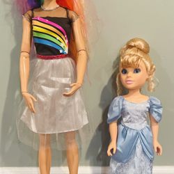 Girl’s 2 Pack Large Dolls: Sporty Barbie with Rainbow Hair & Blonde Princess in Light Blue Dress