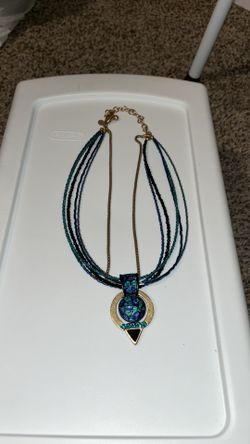 CHICOS Blue Enamel & Rhinestone Seed Bead Multi Strand Pendant Necklace