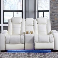Party Time Power White Reclining Loveseat with Console

