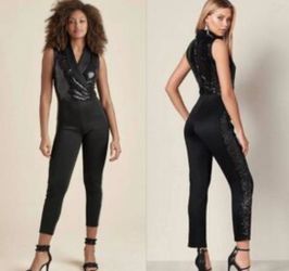 Venus Black Sequin Tuxedo Jumpsuit Small Tapered Leg Sleeveless V-Neck